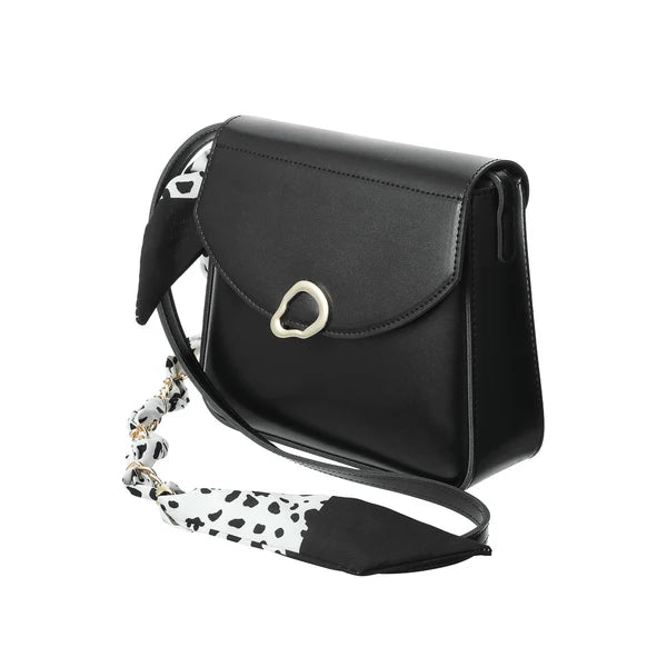 Flap Crossbody Bag with Silk Like Scarf and Chain(Black)